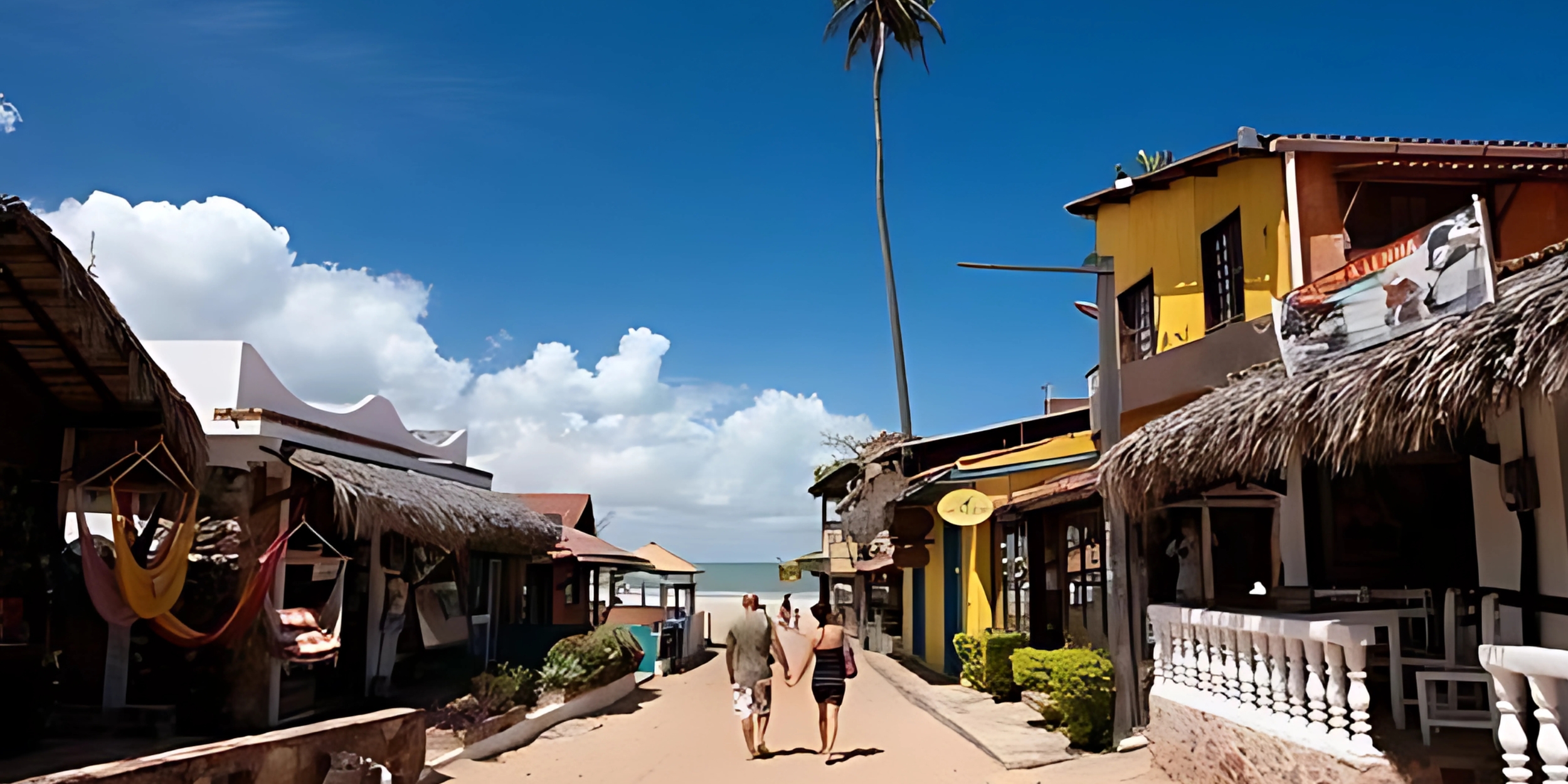 Mala de viagem aberta com itens de praia e paisagem de Jericoacoara ao fundo.